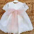Retro abito battesimo bimba con maxi fiocco in tulle rosa cipria