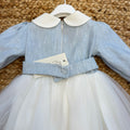 Retro abito battesimo con cinturino celeste e gonna in tulle panna