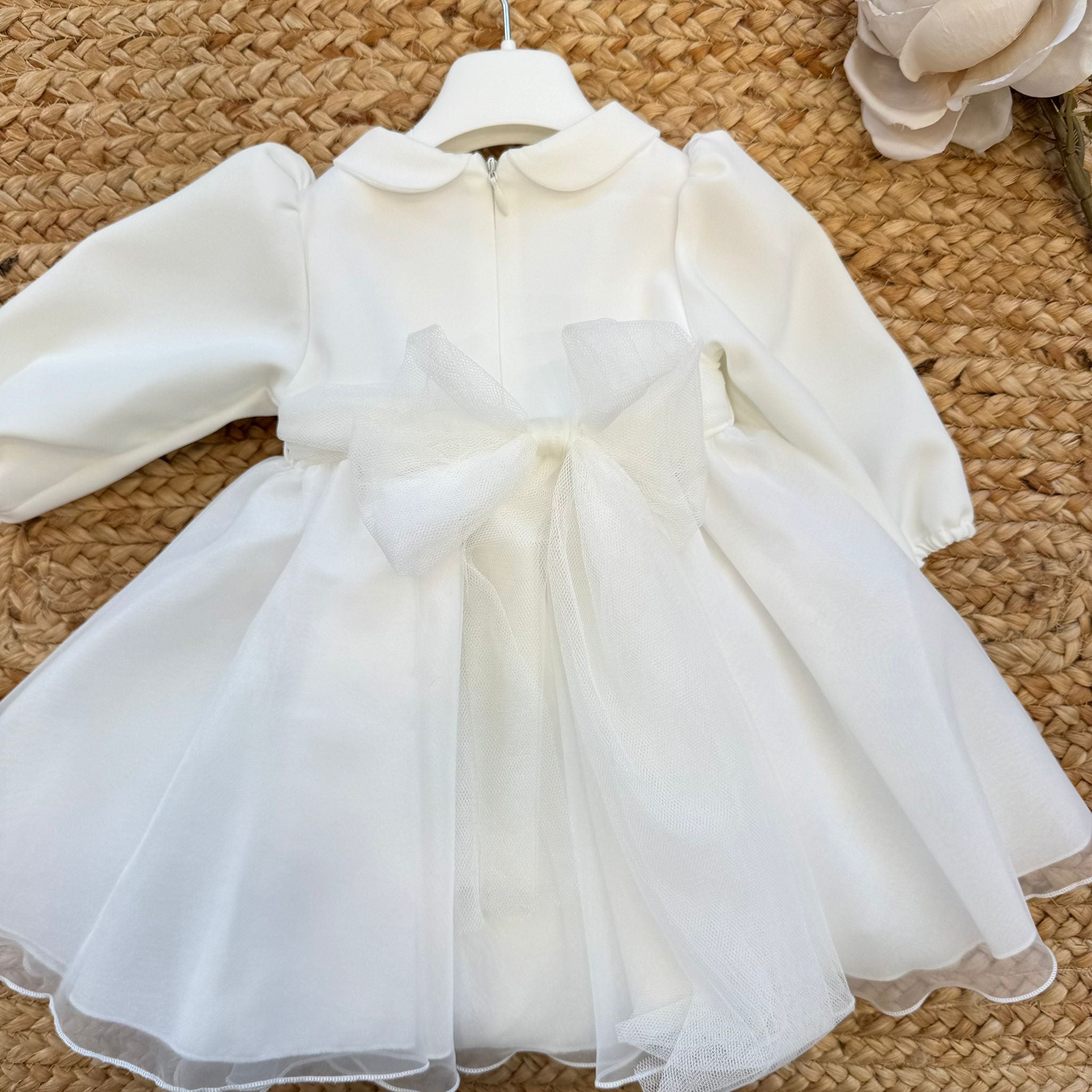 Retro abito battesimo neonata avorio con fiocco in organza