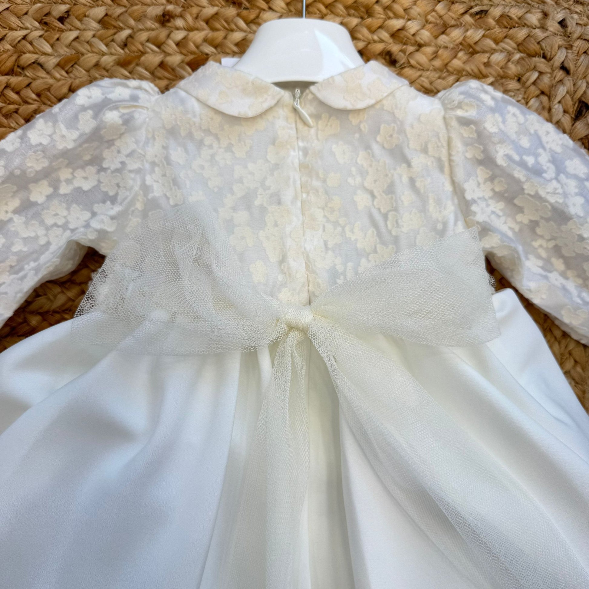 Retro abito battesimo neonata avorio con grande fiocco in tulle