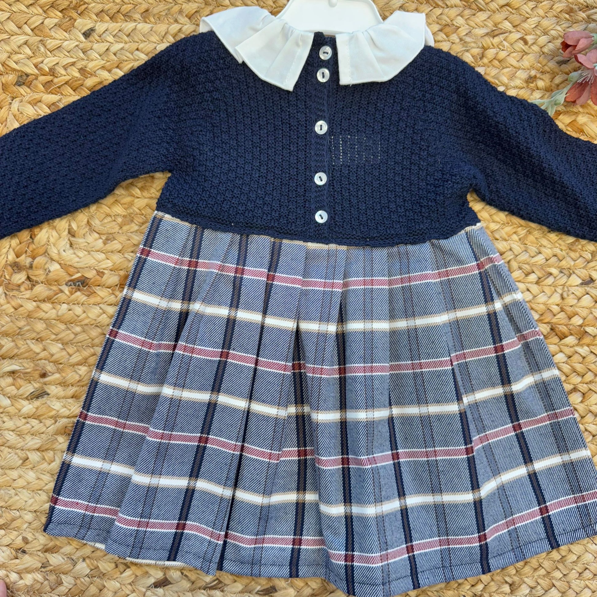 Retro abito blu bambina con bottoni e gonna scozzese