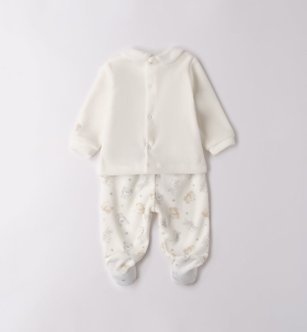 : Retro completo due pezzi neonato in ciniglia bianca con pantalone fantasia animaletti