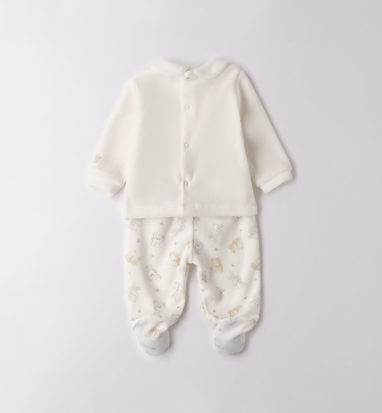 : Retro completo due pezzi neonato in ciniglia bianca con pantalone fantasia animaletti
