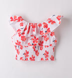 Retro top estivo per bambina con fascia elastica in vita e stampa floreale.

