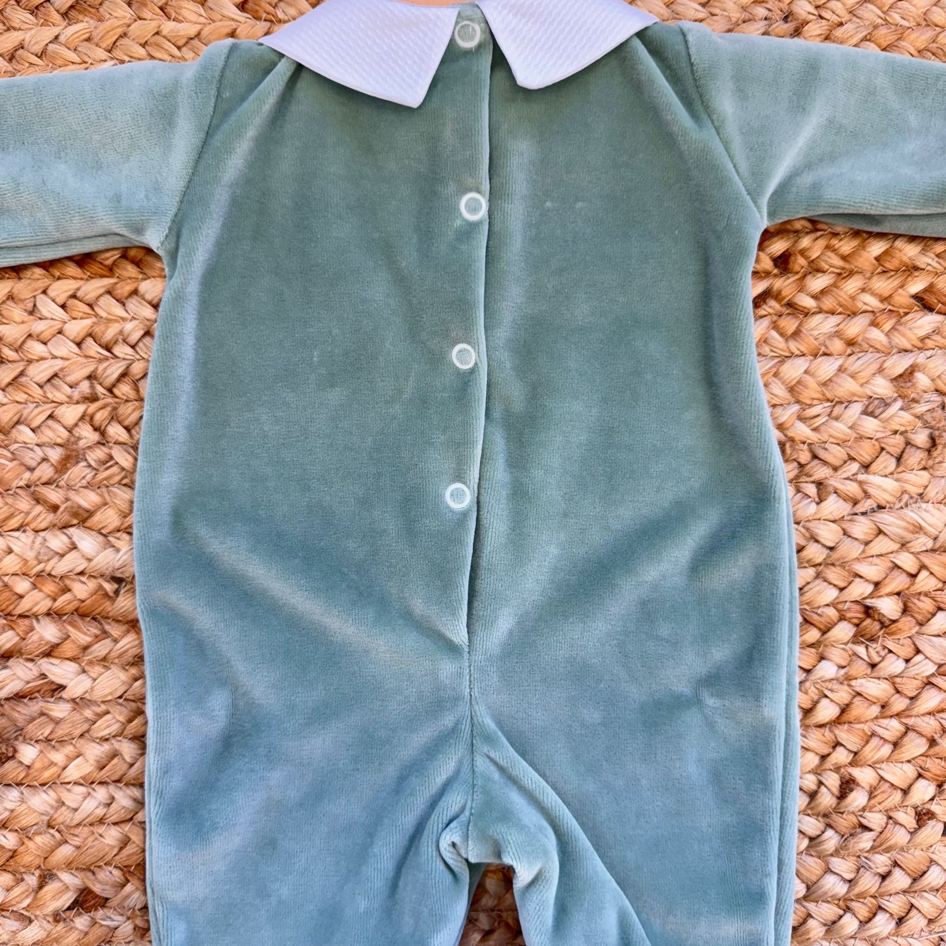 Retro tutina ciniglia verde salvia neonata con bottoncini