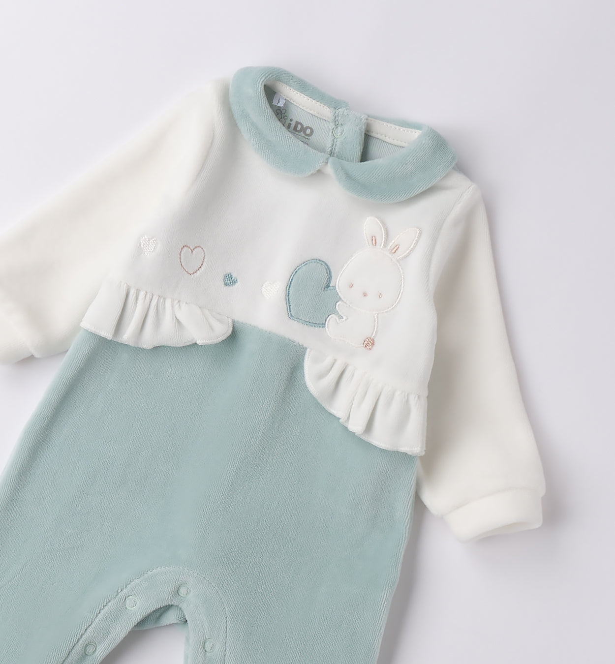 Retro tutina neonata in ciniglia verde acqua con bottoncini a pressione