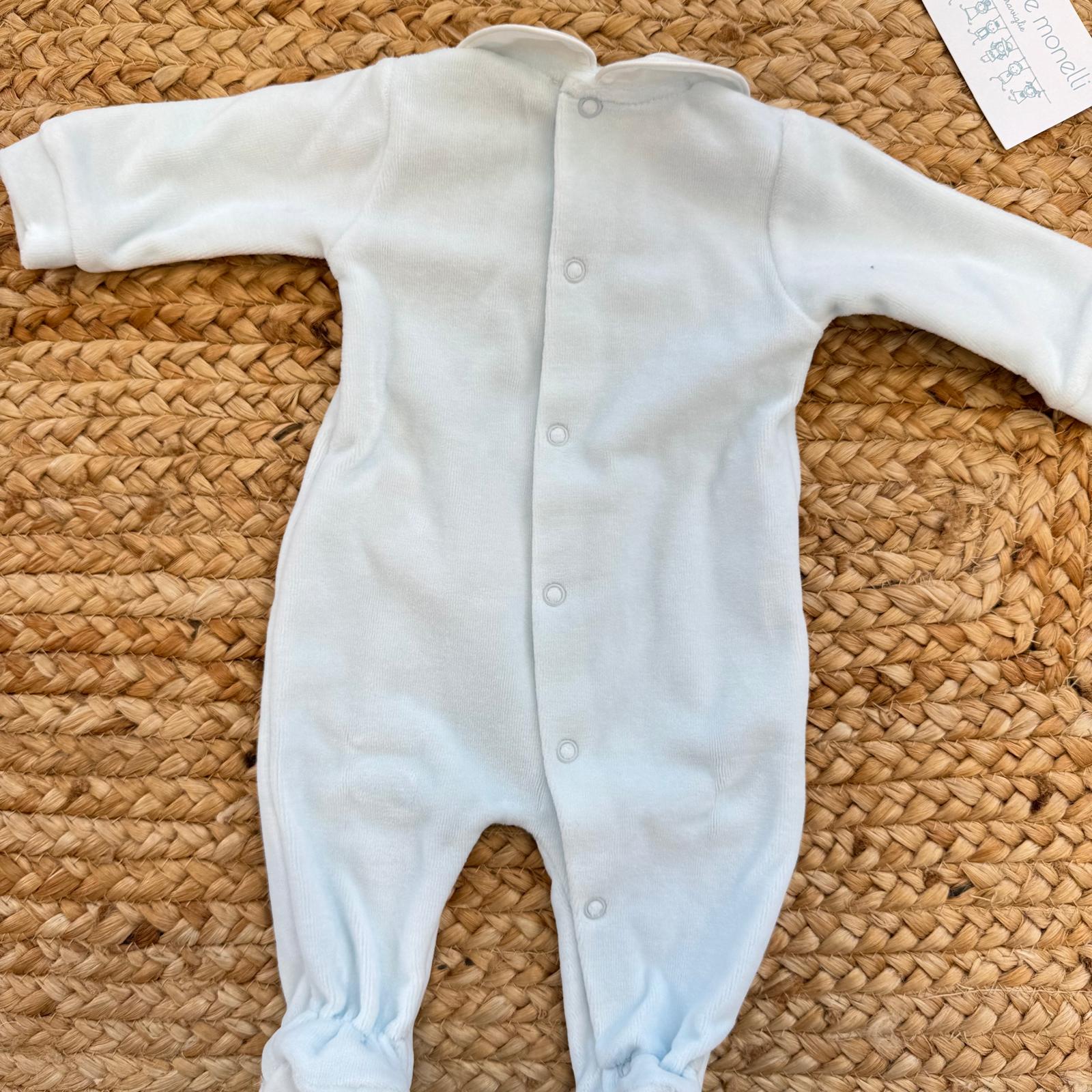 Retro tutina neonato azzurra in ciniglia con bottoncini a pressione