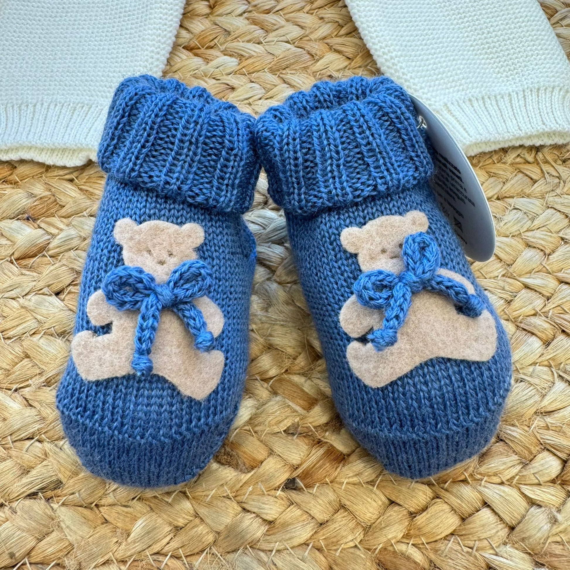 Scarpette neonato pura lana blu con orsetto