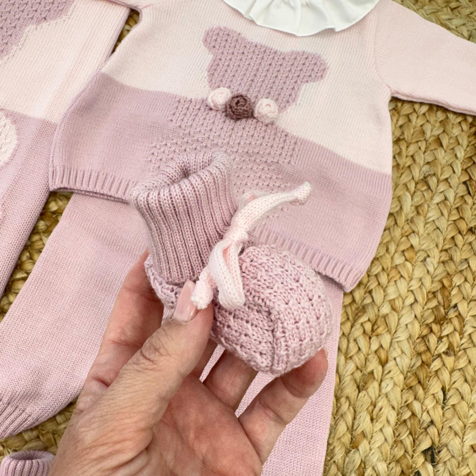 Scarpette rosa in pura lana per neonata con fiocco e lavorazione artigianale