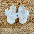 Scarpine battesimo neonata velluto bianco con fiori organza –