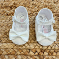 Scarpine culla battesimo neonata raso bianco con fiocco