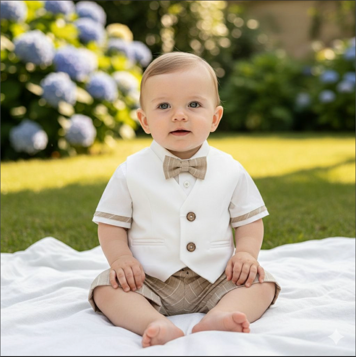 Completo battesimo neonato con gilet panna e pantalone beige a righe