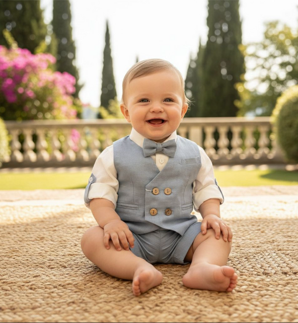 Completo battesimo neonato in cotone e lino azzurro polvere