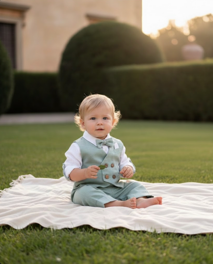 Completo battesimo neonato in cotone e lino verde salvia