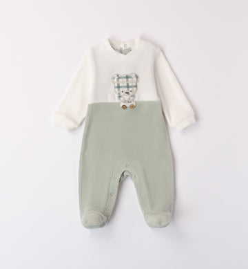 Tutina bianca e verde salvia per neonato con ricamo orsetto