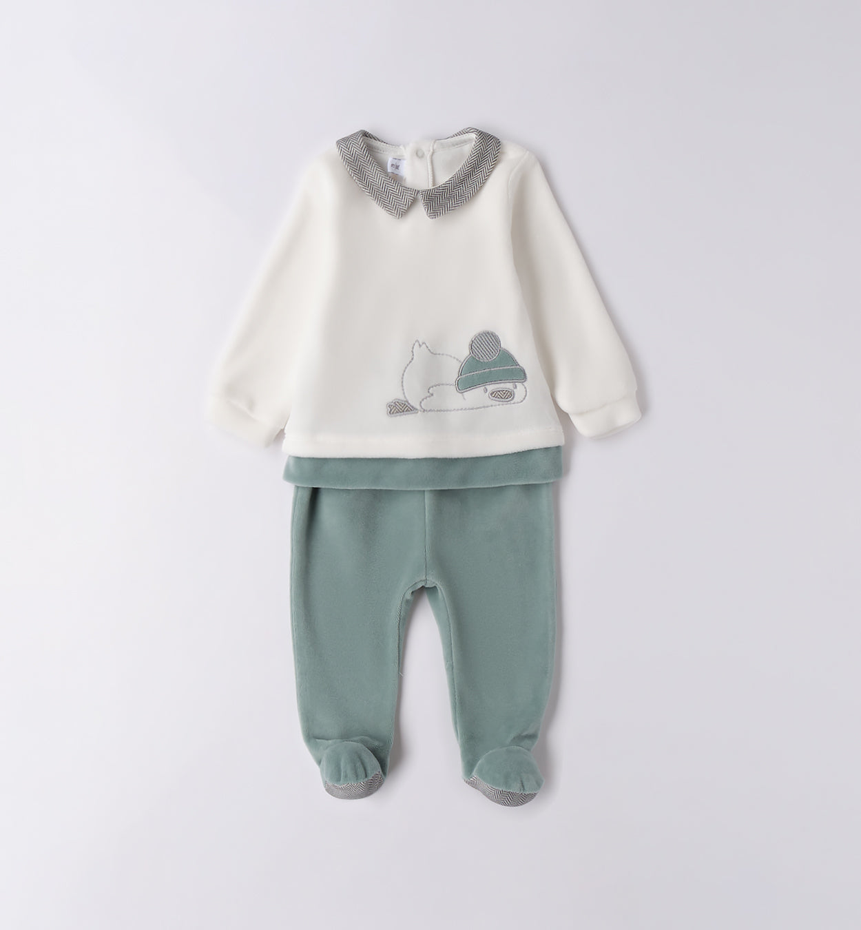 Tutina ciniglia neonato panna e verde piegata con ricamo volpe