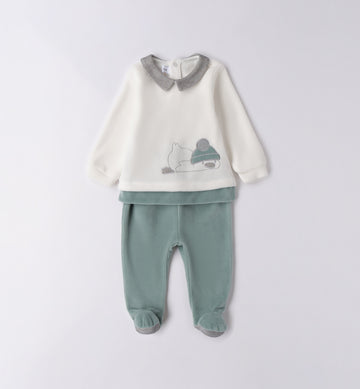 Tutina ciniglia neonato panna e verde piegata con ricamo volpe