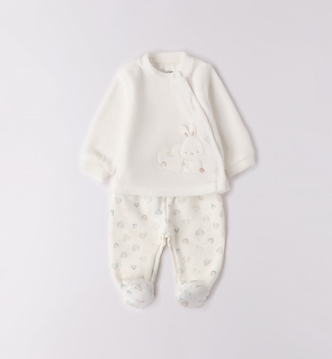  Tutina due pezzi neonata in ciniglia ianca con coniglietto ricamato e pantalone cuori
