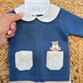 Tutina due pezzi neonato pura lana blu con orsetto