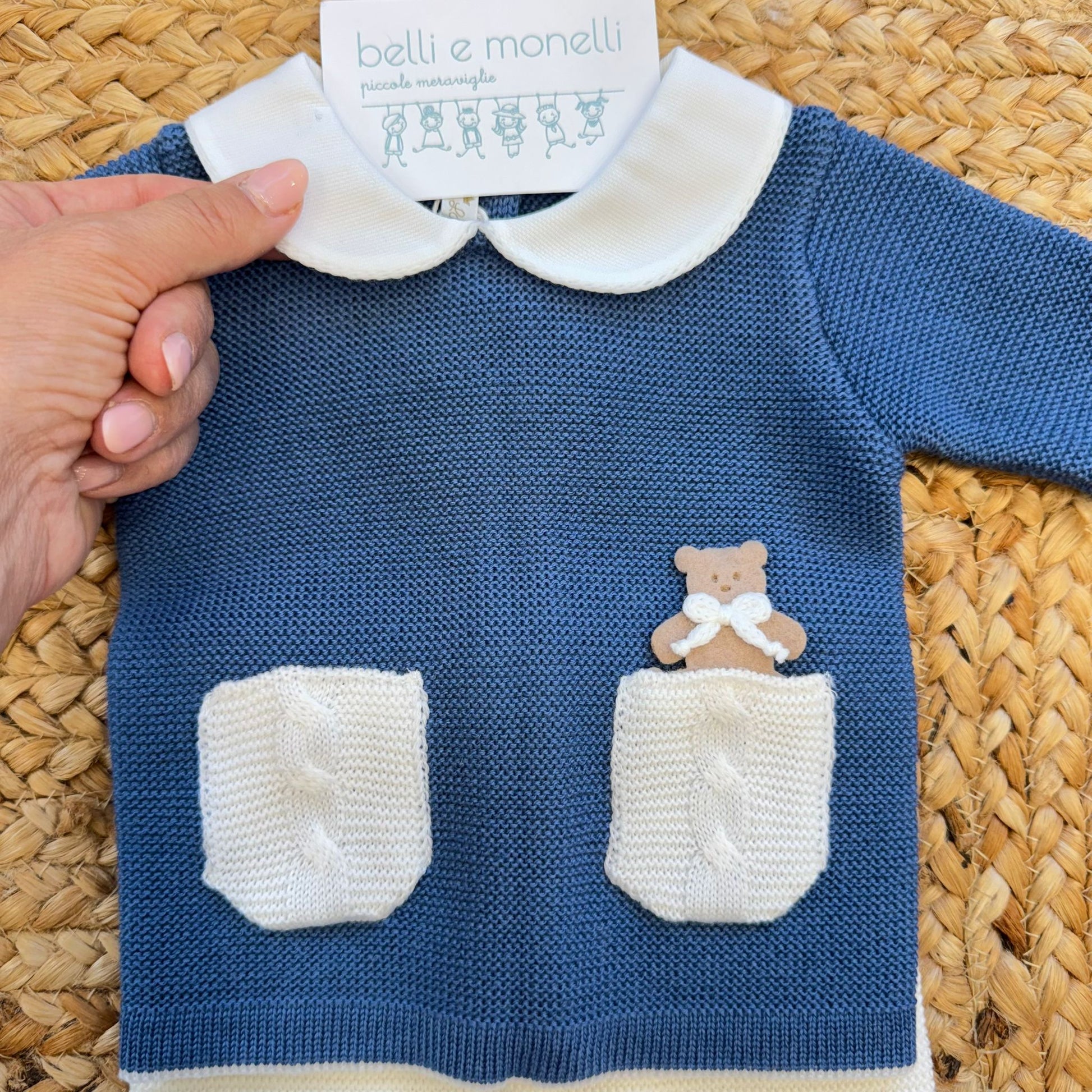 Tutina due pezzi neonato pura lana blu con orsetto