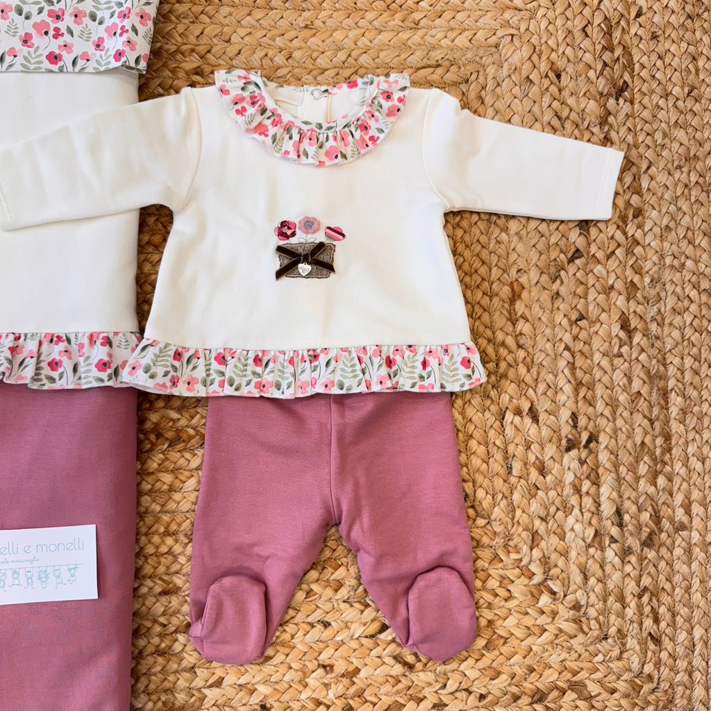 Tutina due pezzi per neonata in caldo cotone con pantalone color malva.