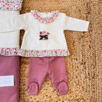 Tutina due pezzi per neonata in caldo cotone con pantalone color malva.