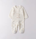 Tutina due pezzi unisex in ciniglia bianca con ricami animaletti e pantalone fantasia