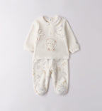 Tutina due pezzi unisex in ciniglia bianca con ricami animaletti e pantalone fantasia