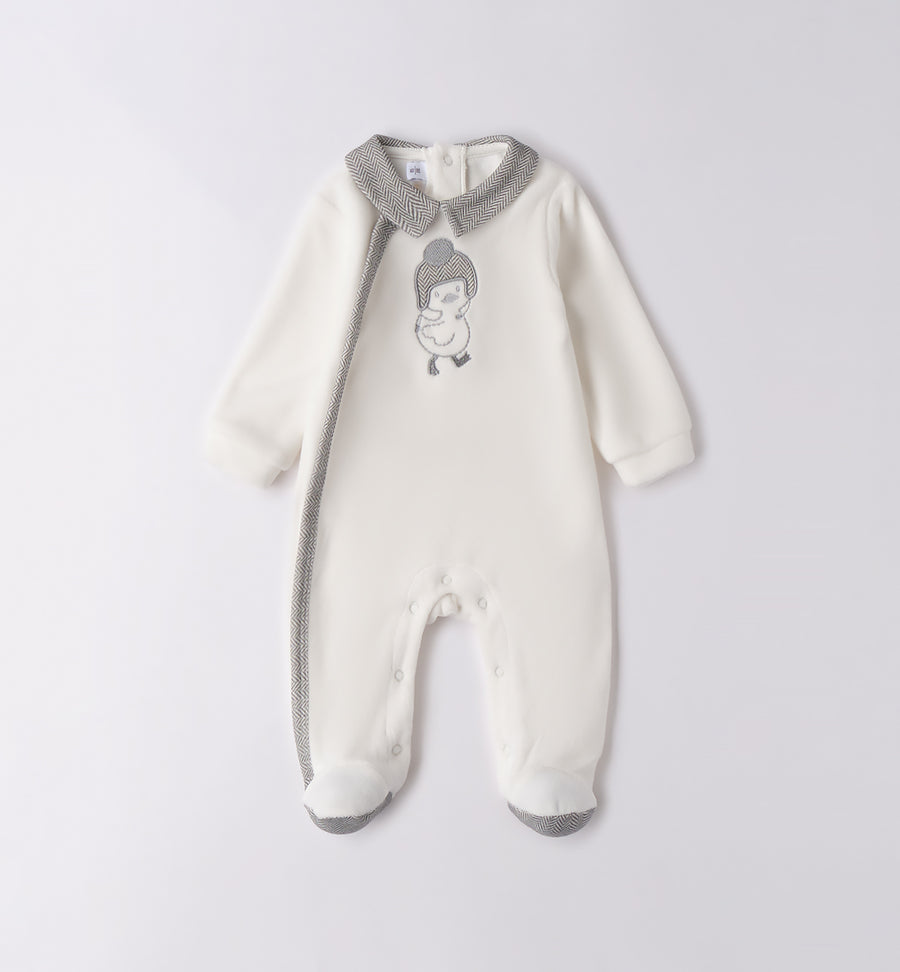 Tutina in ciniglia neonato panna con colletto grigio e ricamo anatroccolo