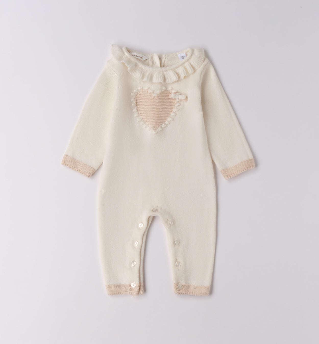 Tutina neonata caldo cotone e lana panna con cuore e rouche vista frontale