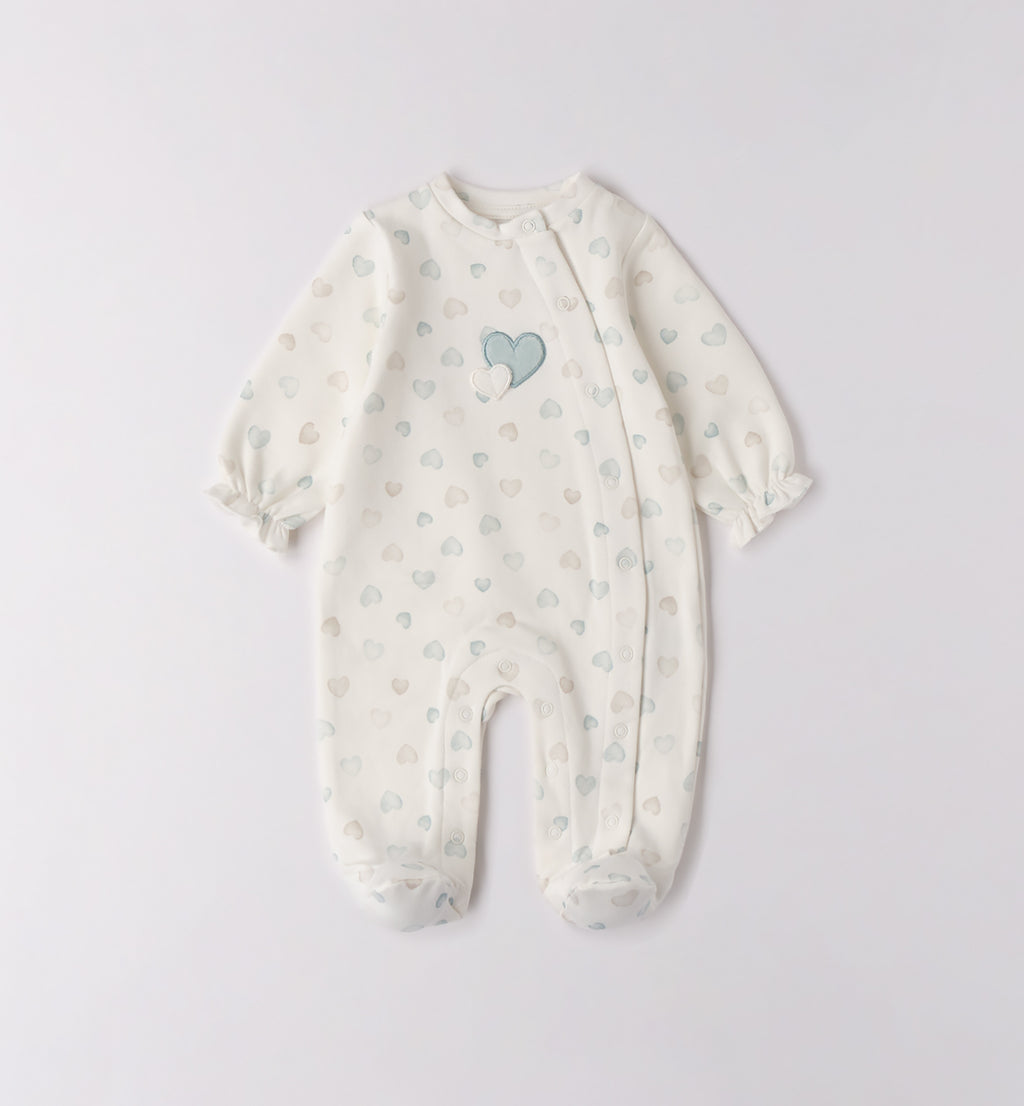 Tutina neonata caldo cotone panna con cuori rosa e beige, fronte.