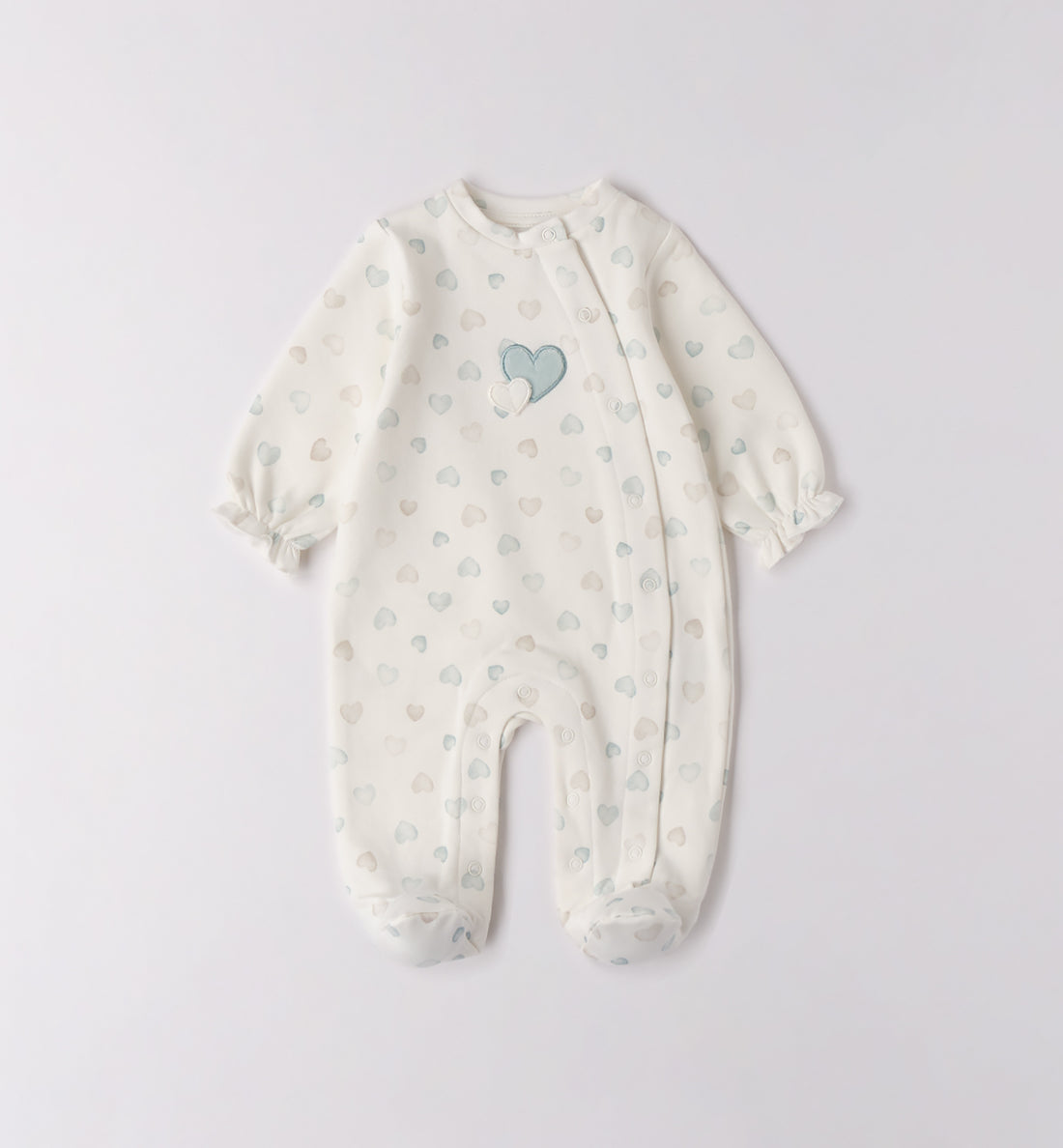 Tutina neonata caldo cotone panna con cuori rosa e beige, fronte.