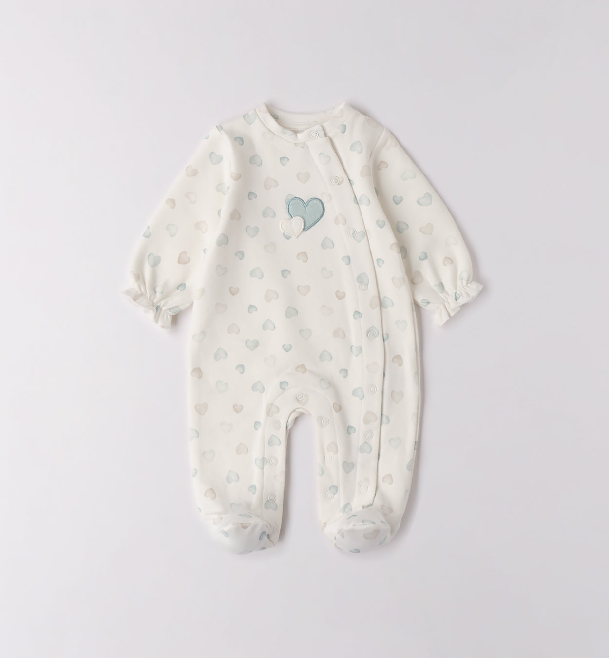 Tutina neonata caldo cotone panna con cuori rosa e beige, fronte.