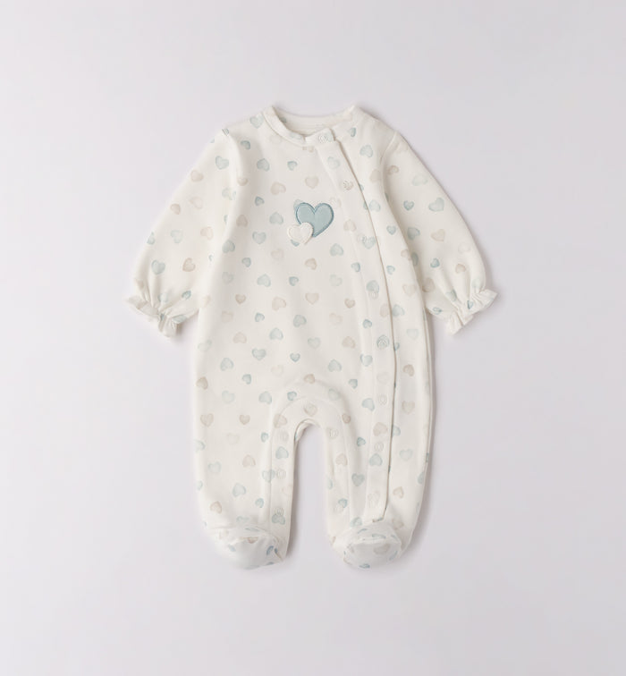 Tutina neonata caldo cotone panna con cuori rosa e beige, fronte.