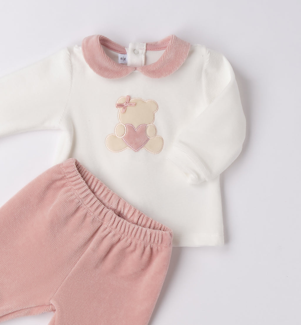 Tutina neonata ciniglia rosa con orsetto cuore - dettaglio maglia