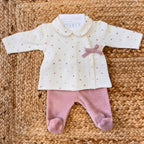 Tutina neonata due pezzi in caldo cotone panna con cuoricini e pantalone in ciniglia rosa antico