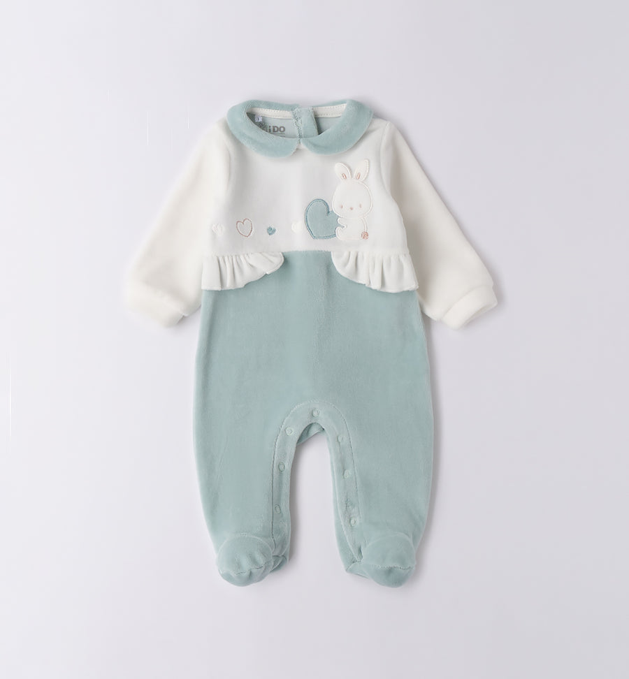 Tutina neonata ciniglia verde acqua con coniglietto ricamato