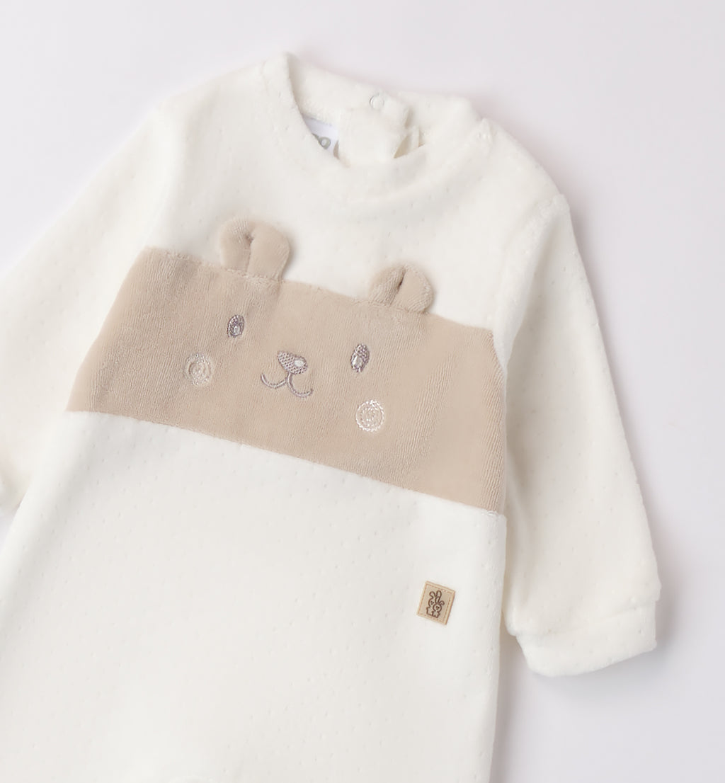 Tutina neonato caldo cotone con orsetto beige dettaglio ricamo