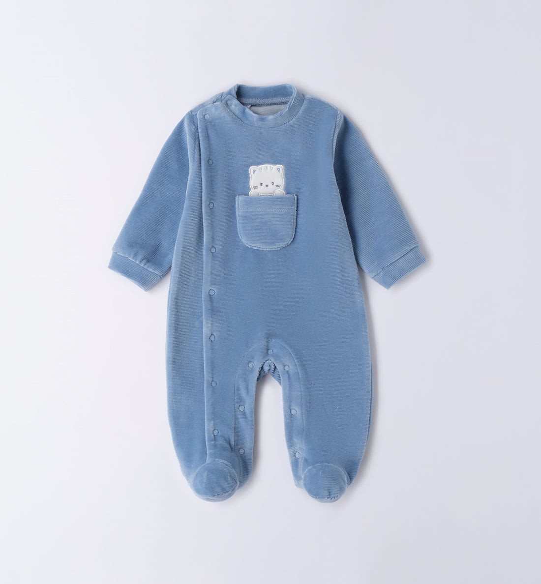 Tutina neonato ciniglia azzurra con orsetto e taschino