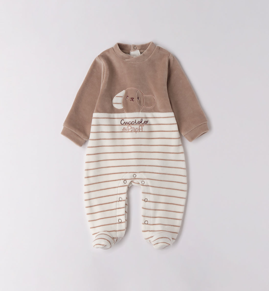 Tutina neonato ciniglia beige e panna piegata a righe con ricamo cucciolo