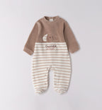 Tutina neonato ciniglia beige e panna piegata a righe con ricamo cucciolo