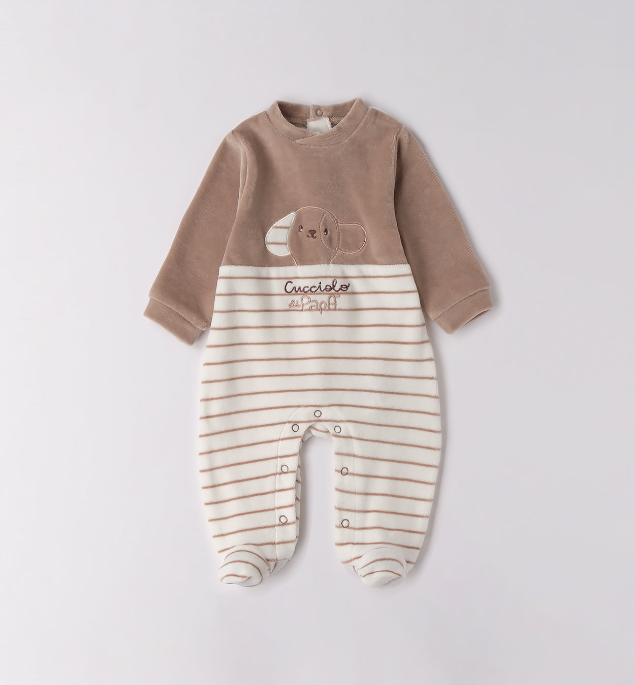 Tutina neonato ciniglia beige e panna piegata a righe con ricamo cucciolo