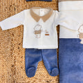 Tutina neonato due pezzi in ciniglia panna e blu
