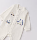 Tutina neonato in caldo cotone bianco con macchinine ricamate vista frontale
