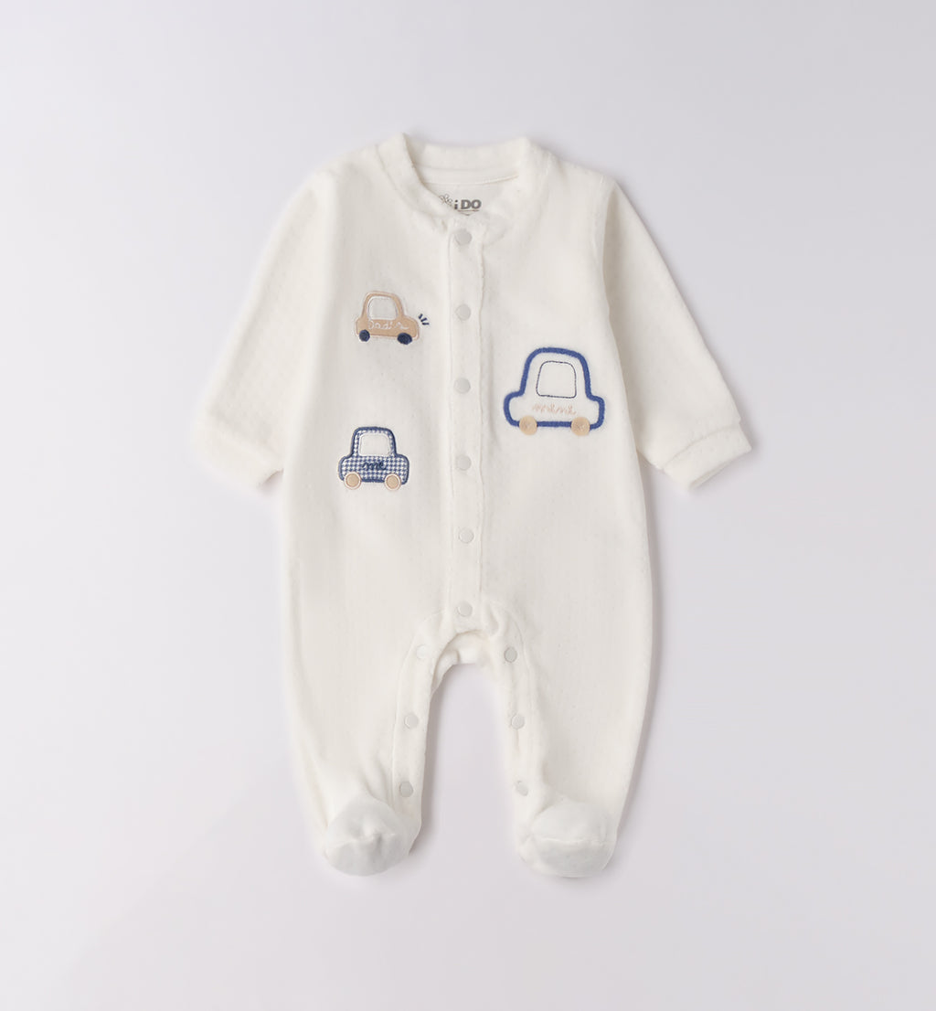 Tutina neonato in caldo cotone bianco piegata con ricamo macchinine