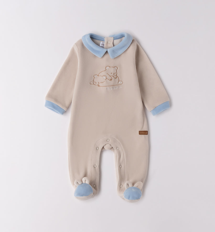Tutina neonato ciniglia beige e celeste con orsetti ricamati