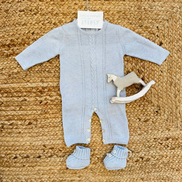 Tutina neonato pura lana azzurra con treccia e scarpette