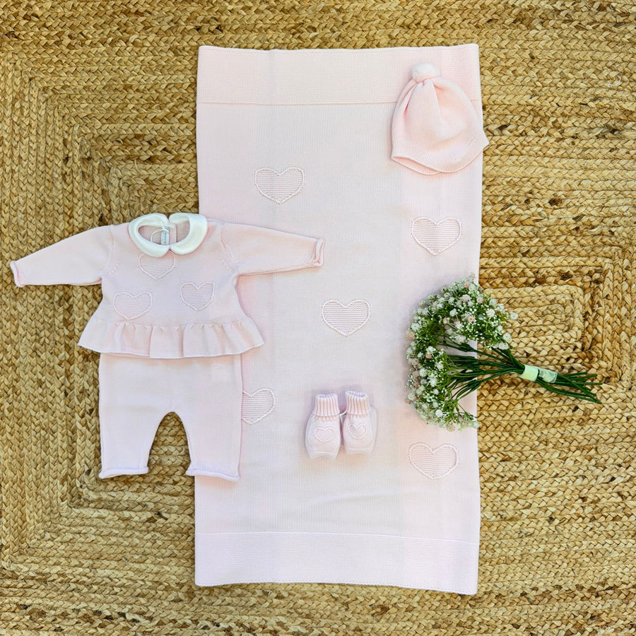 Set nascita neonata pura lana rosa con cuori ricamati