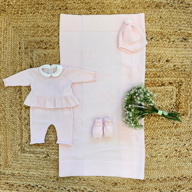 Uscita clinica neonata pura lana rosa con cuori ricamati completo