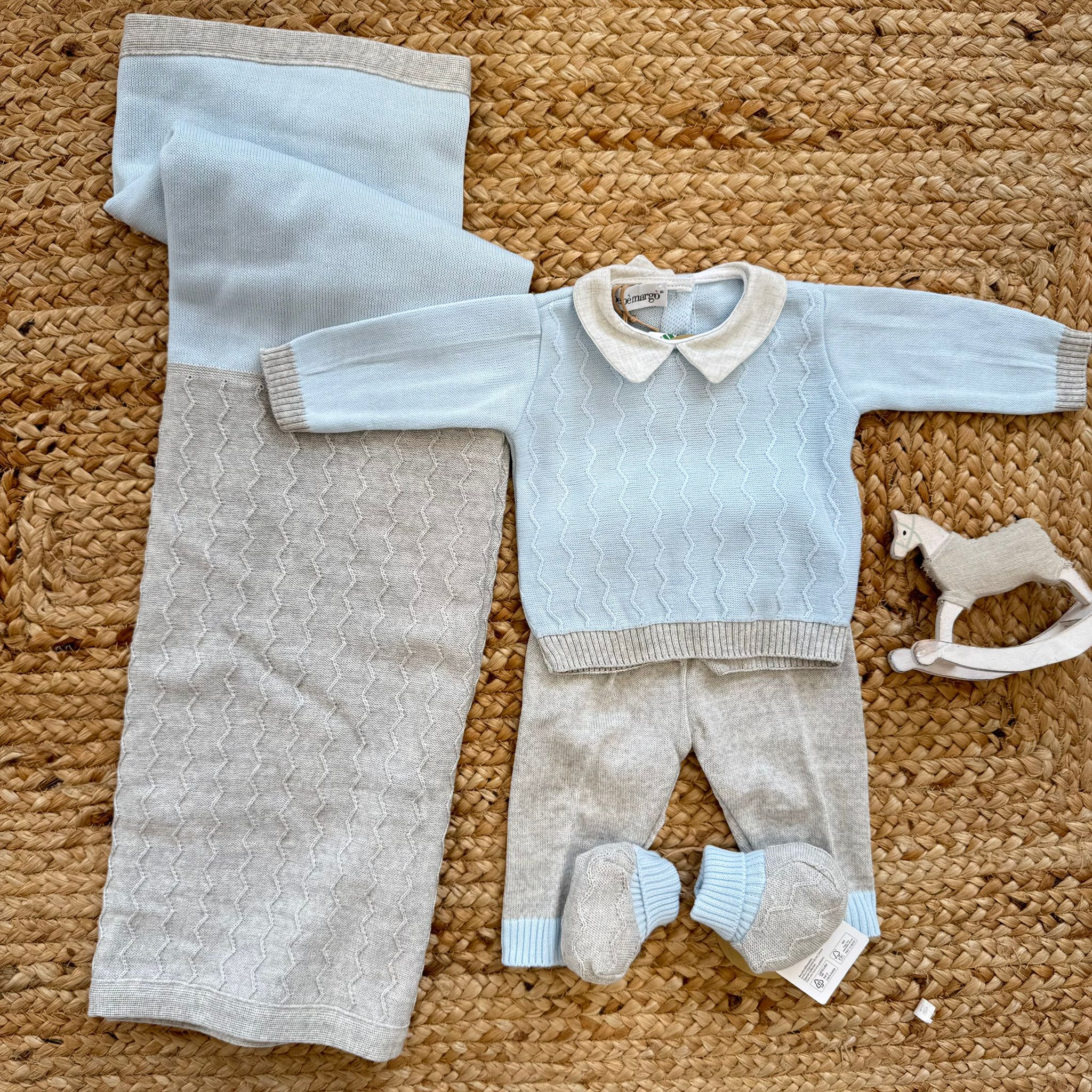 Uscita clinica neonato azzurro e grigio con tutina due pezzi e copertina coordinata
